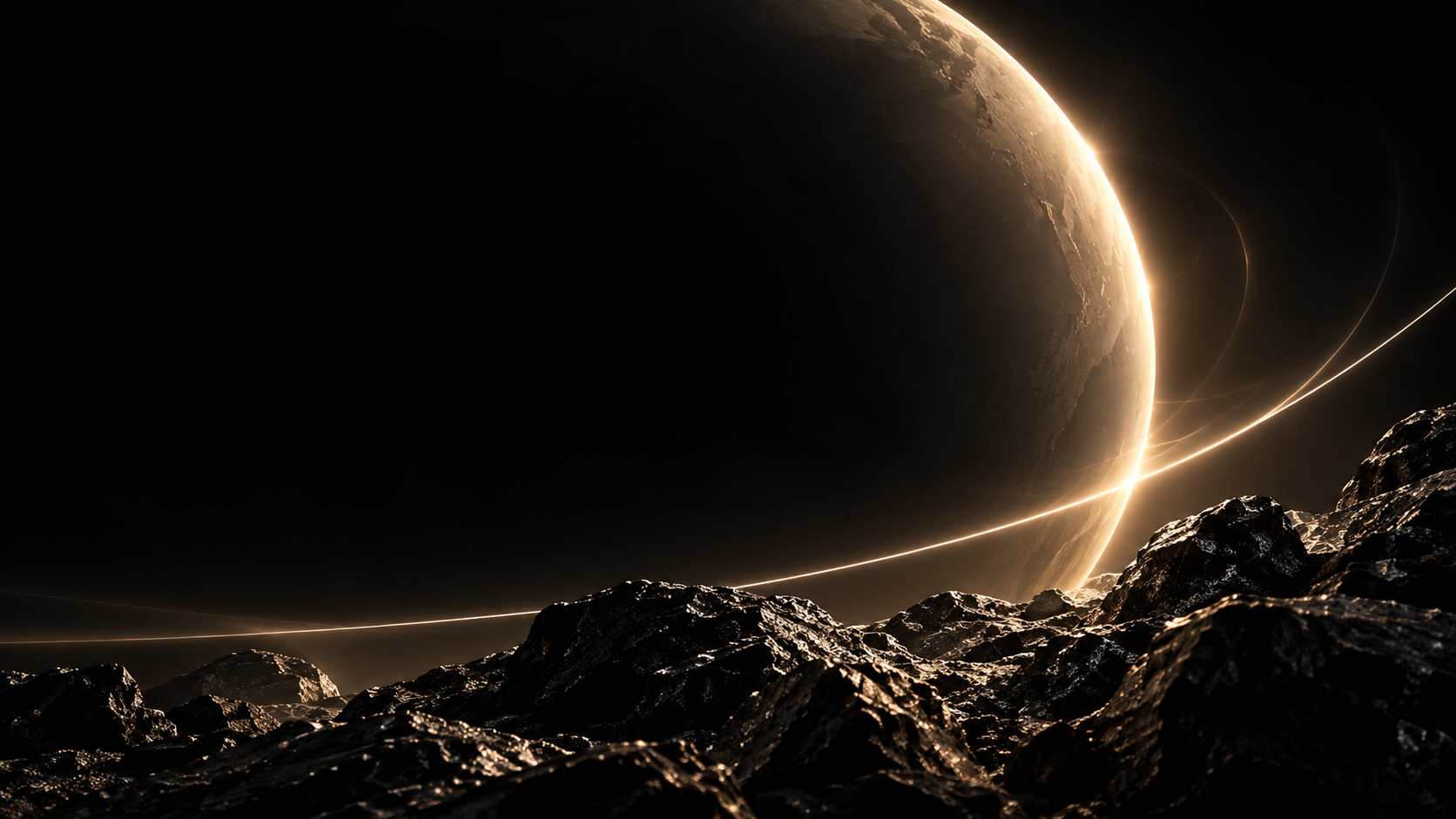 Dark sculptural landscape with a champagne-lit celestial orb