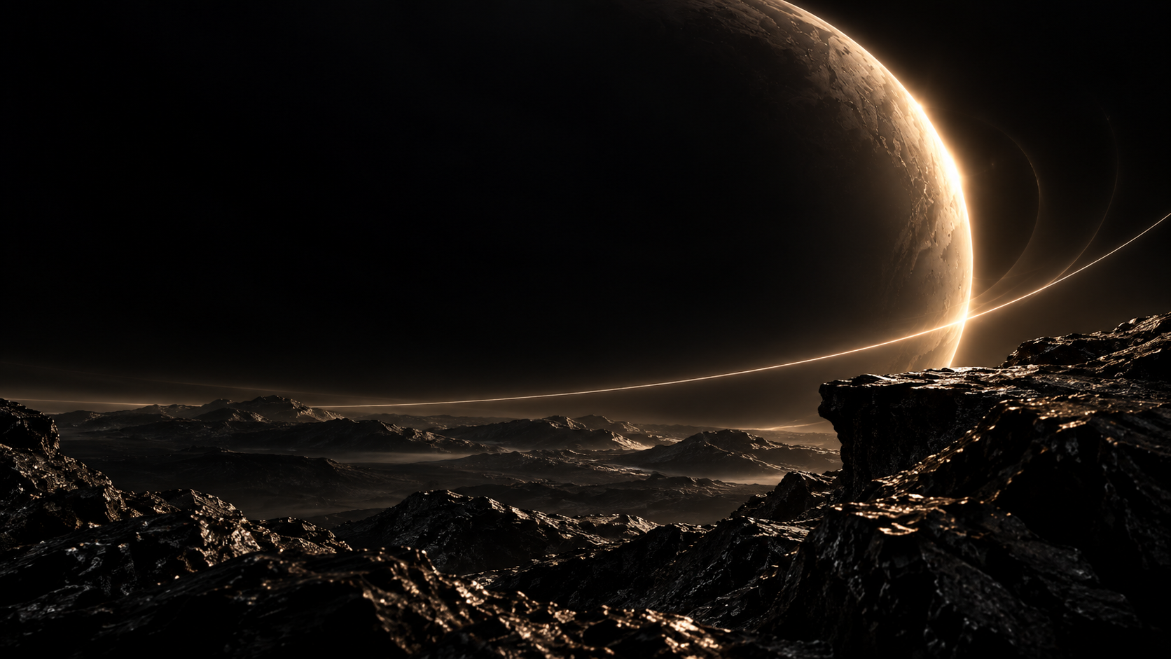 Dark alien ridges beneath a champagne eclipse