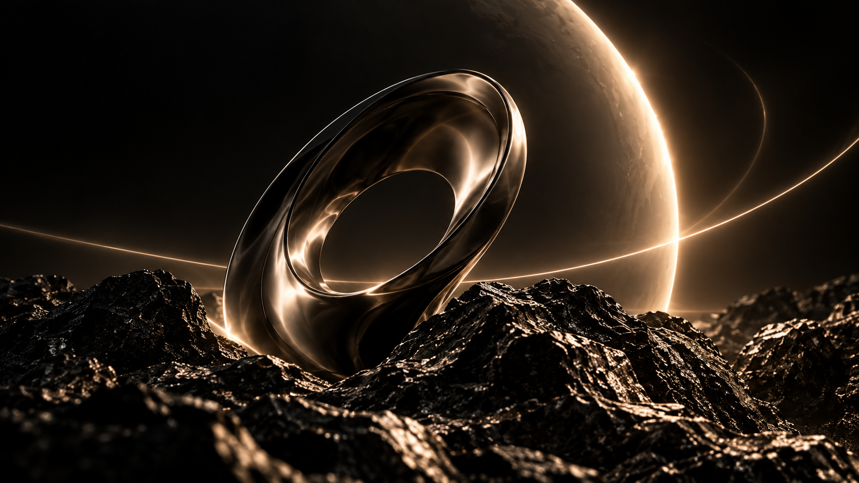 Polished black sculptural ring under champagne light
