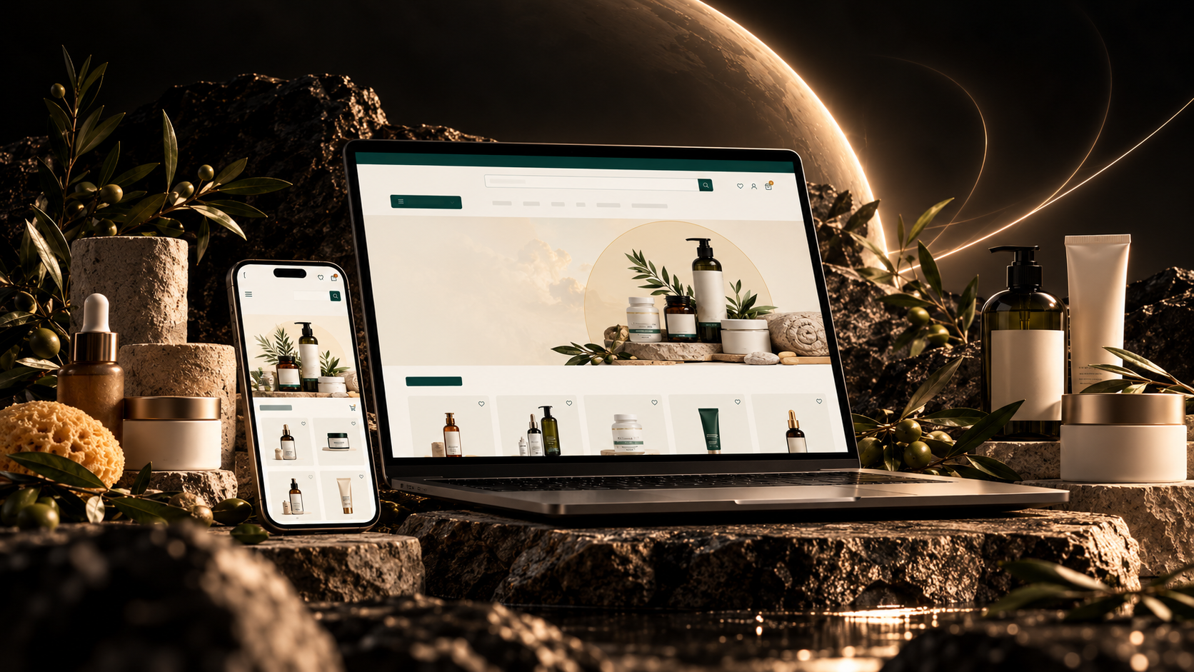 Luxury pharmacy e-commerce experience presented on laptop and phone